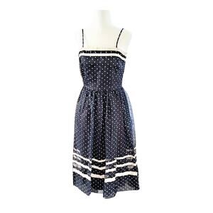 Vtg 70s Kappi Dress Navy White Polka Dot Cottagecore Rockabilly Feminine Dainty